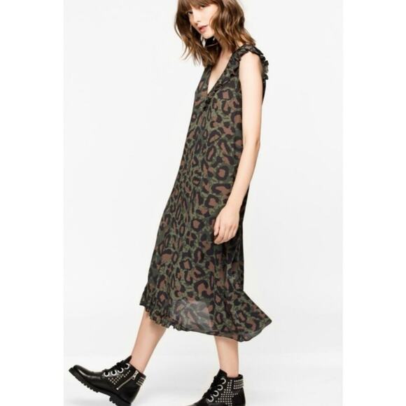 Zadig & Voltaire Rebelle Leo Green Brown Ruffle Trim Camo Midi Dress XS - Picture 2 of 10